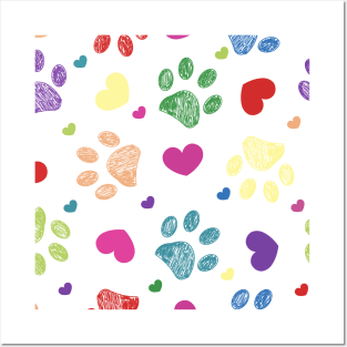 Colorful paw prints with hearts Posters and Art